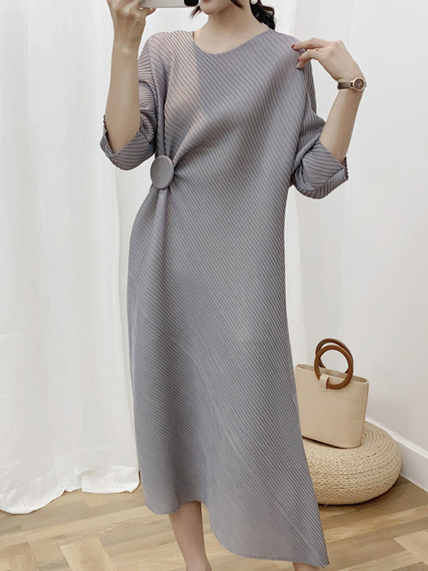 xakxx Half Sleeves Irregular Clipping Pleated Solid Color Round-Neck Midi Dresses