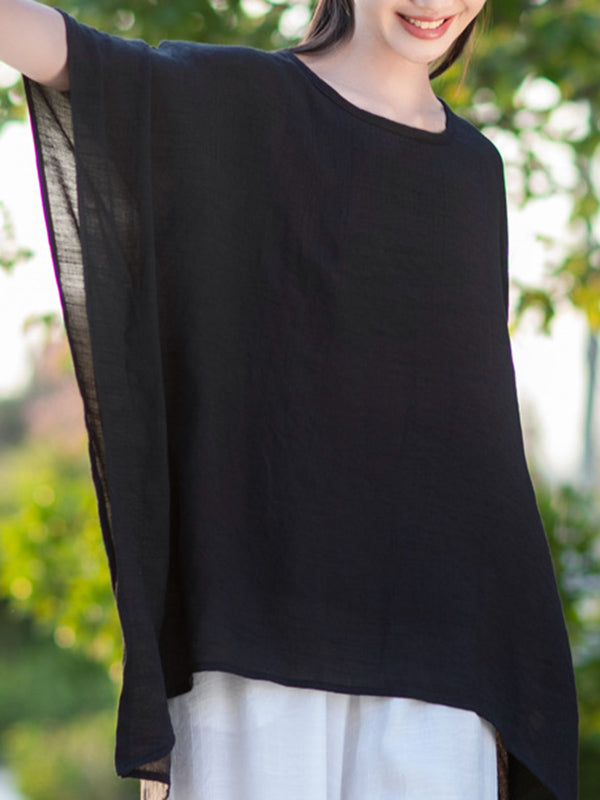 xakxx Half Sleeves High-Low See-Through Solid Color Round-Neck Blouses