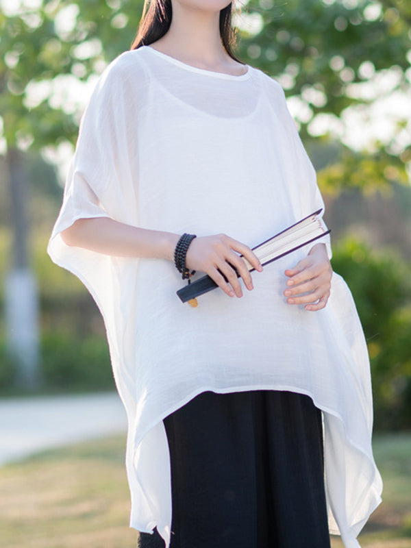 xakxx Half Sleeves High-Low See-Through Solid Color Round-Neck Blouses