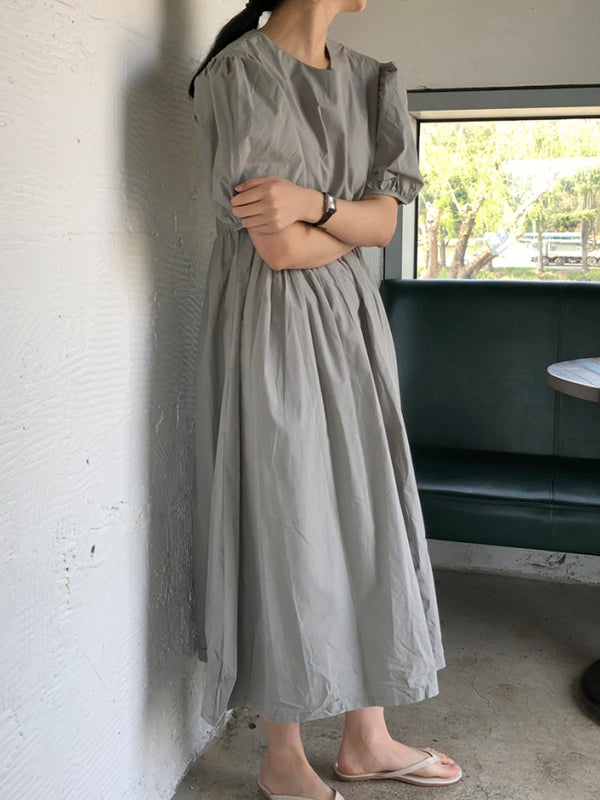 xakxx Original Loose Solid Color Pleated Puff Sleeves Midi Dress
