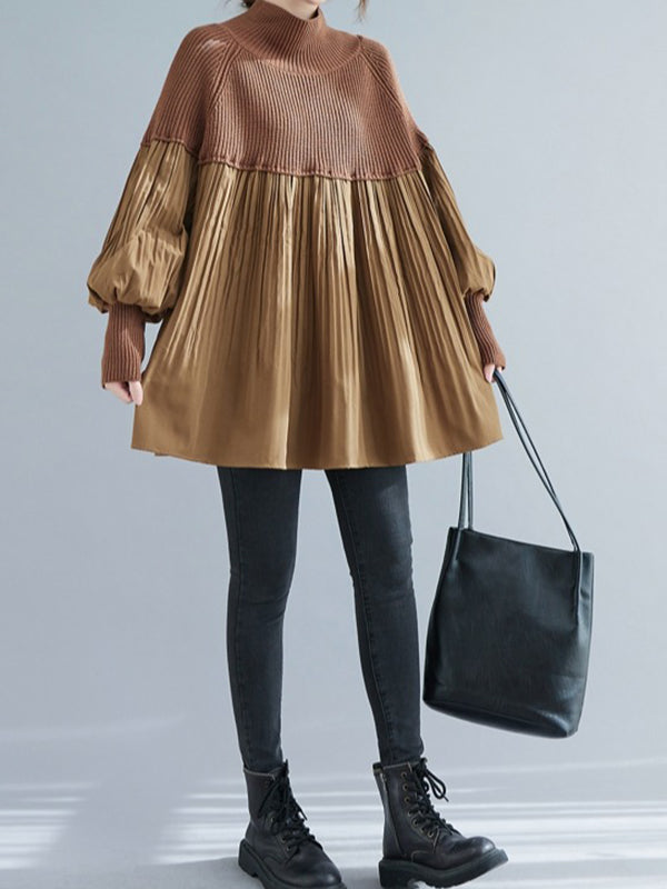 xakxx Long Sleeves Loose Pleated Split-Joint High Neck Sweater Tops