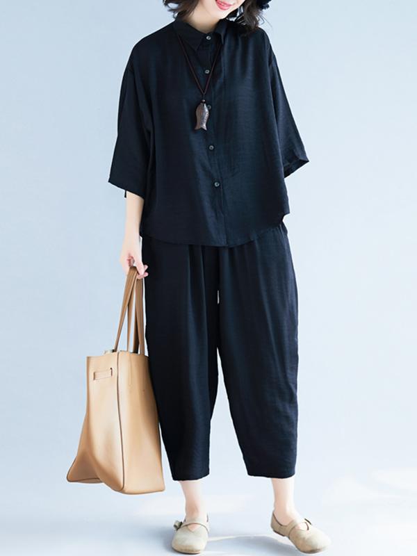 xakxx Two-Pieces Black Loose Shirt And Ninth Pants Suit