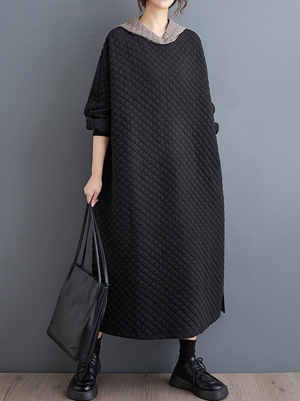 xakxx A-Line Long Sleeves Hooded Quilted Split-Side Midi Dresses