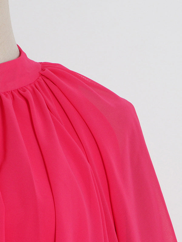 xakxx Loose Raglan Sleeve Solid Color Tiered Stand Collar Maxi Dresses