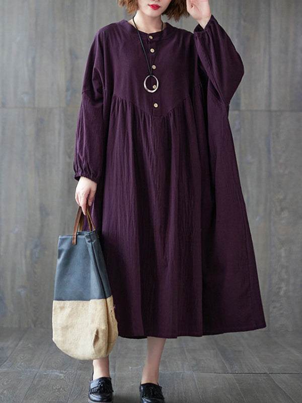 xakxx Loose Puff Sleeves Pleated Solid Color Stand Collar Midi Dresses