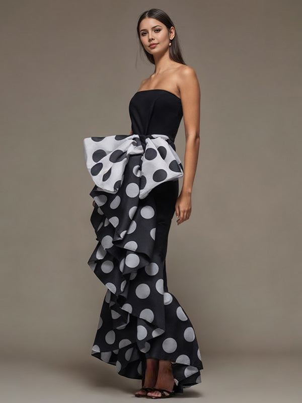 xakxx Skinny Sleeveless Bow-Embellished Pleated Polka-Dot Split-Joint Tube Maxi Dresses