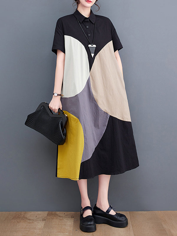 xakxx Loose Oversize Color-Block Contrast Color Split-Joint Lapel Midi Dresses Shirt Dress