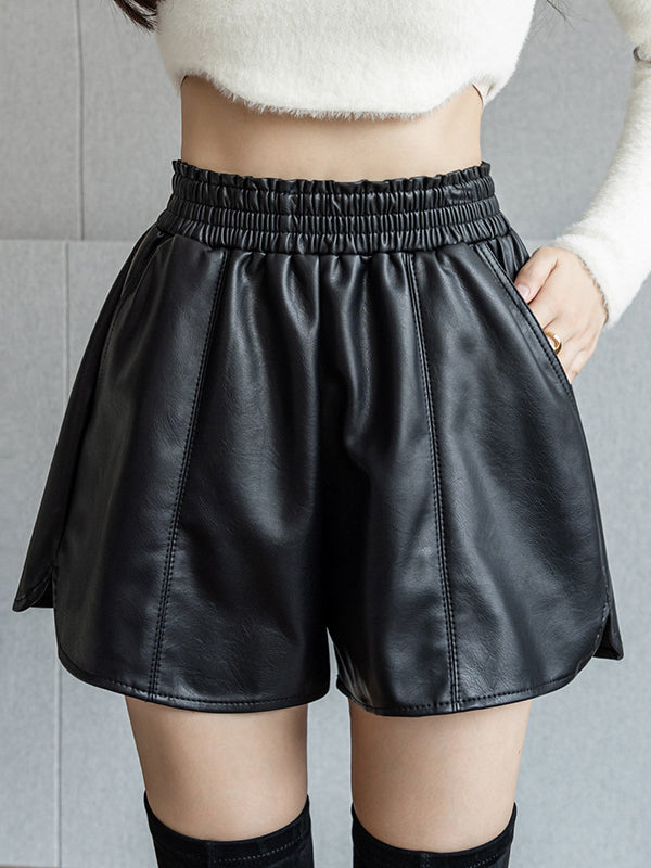 xakxx PU Wide Leg Elasticity Solid Color Split-Joint Split-Side Shorts
