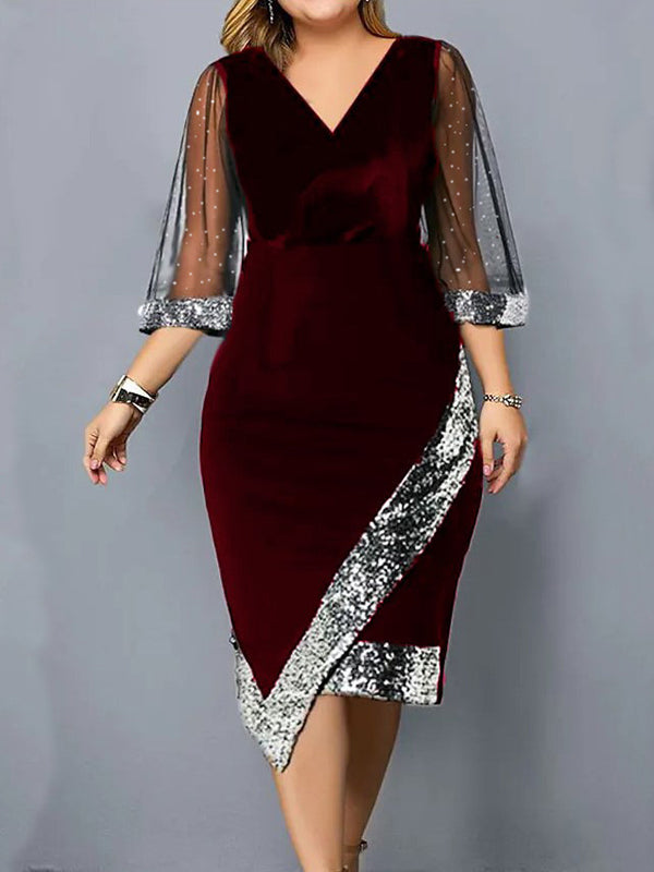 xakxx Bodycon Wrap Contrast Color Mesh Sequined Split-Joint V-Neck Midi Dresses