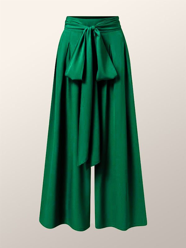 xakxx Loose Wide Leg Pleated Solid Color Tied Waist Pants Trousers