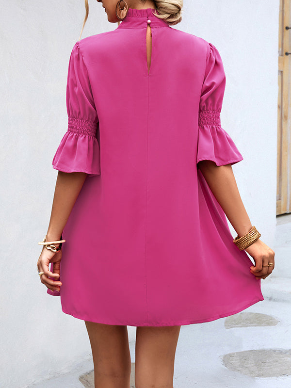 xakxx Half Sleeves Loose Solid Color High-Neck Mini Dresses