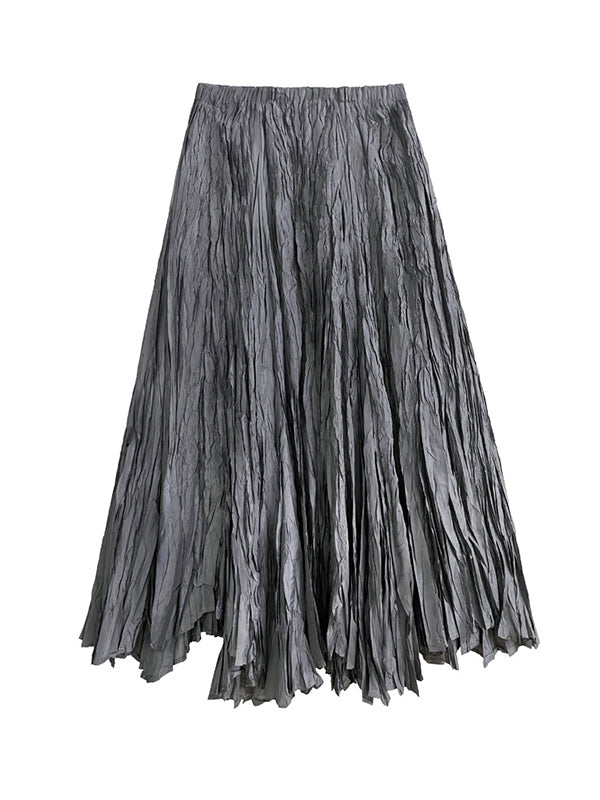 xakxx A-Line Irregular Clipping High-Waisted Pleated Solid Color Skirts