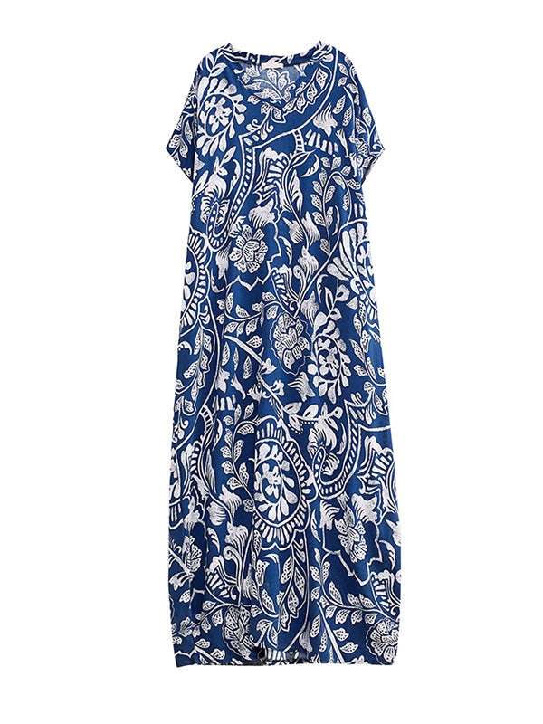 xakxx Loose Short Sleeves Printed V-Neck Maxi Dresses