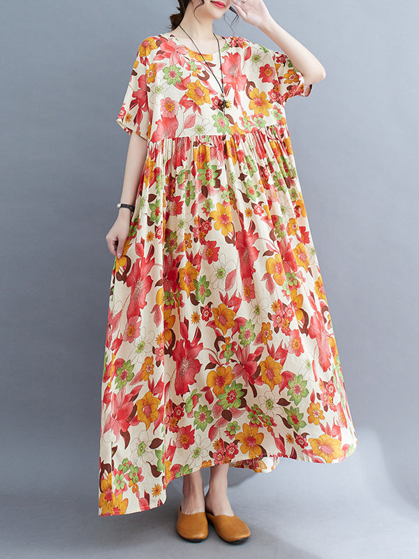 xakxx Loose Short Sleeves Pleated Printed Split-Joint Round-Neck Midi Dresses