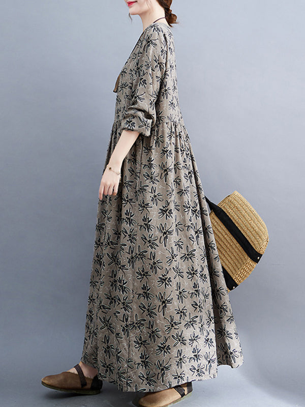 xakxx Artistic Retro Long Sleeves Loose Floral Printed Round-Neck Midi Dresses
