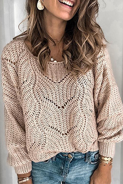 xakxx xakxx-Casual Solid Hollowed Out Patchwork O Neck Sweaters(5 Colors)