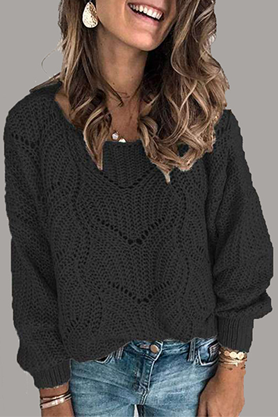 xakxx xakxx-Casual Solid Hollowed Out Patchwork O Neck Sweaters(5 Colors)