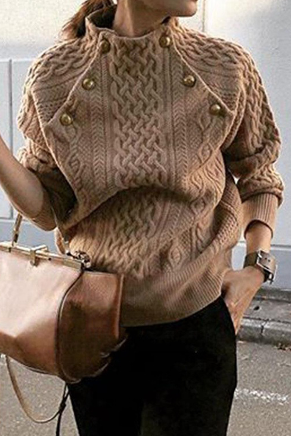xakxx xakxx-Casual Solid Patchwork Buckle Half A Turtleneck Tops