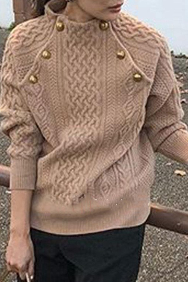 xakxx xakxx-Casual Solid Patchwork Buckle Half A Turtleneck Tops