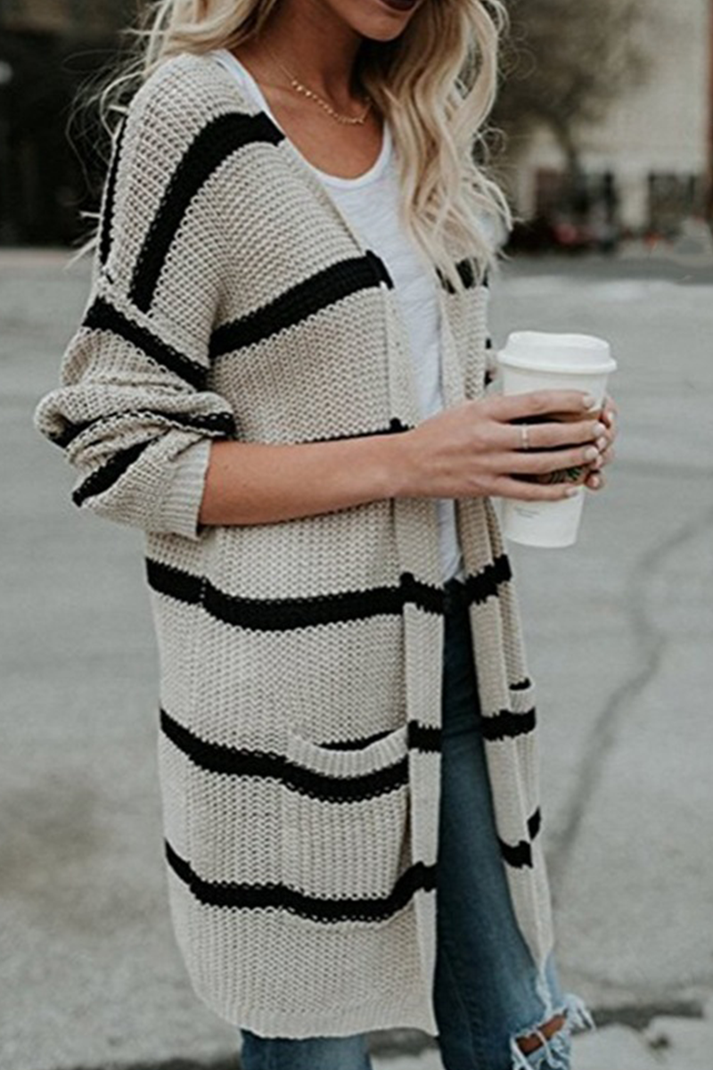 xakxx xakxx-Fashion Striped Patchwork Cardigan Collar Outerwear