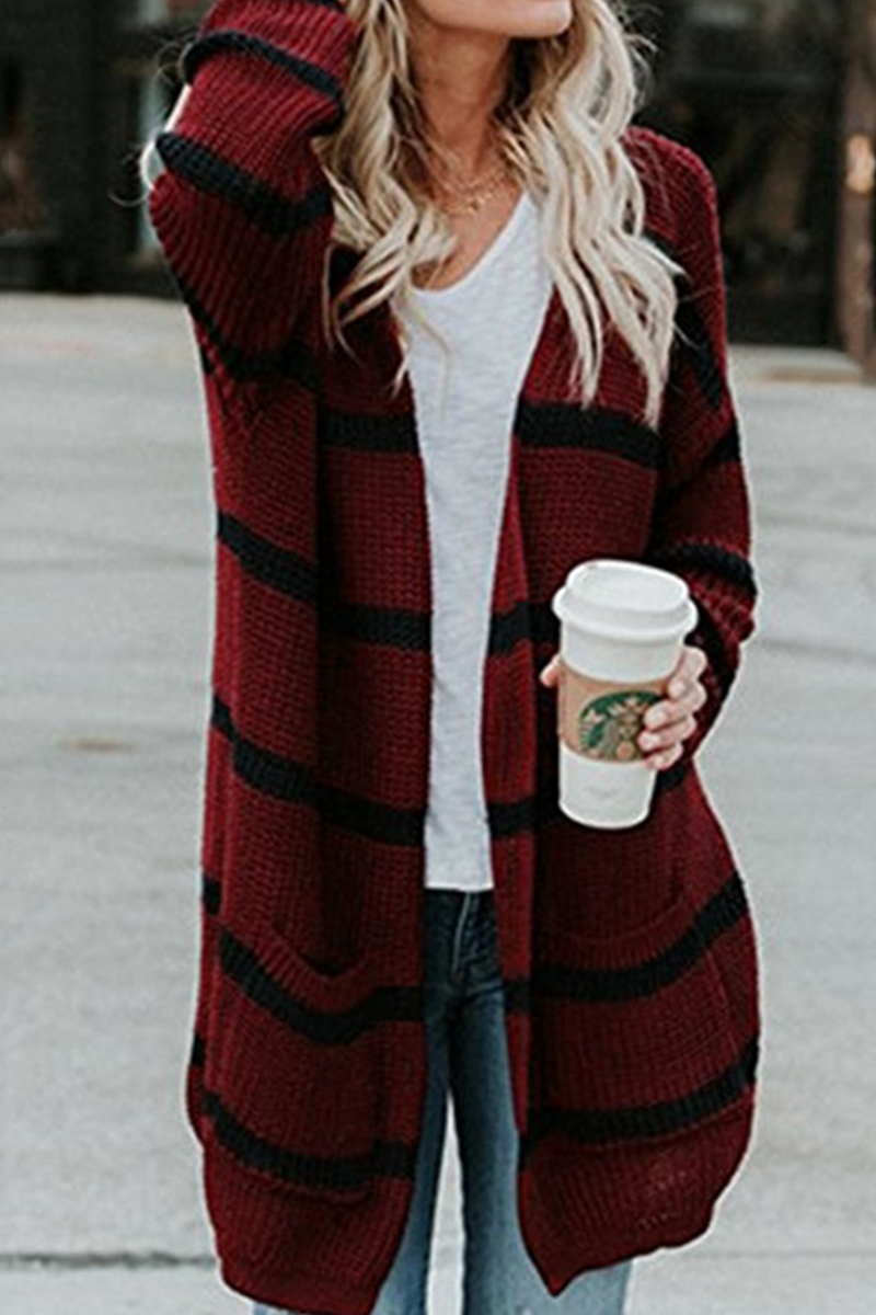 xakxx xakxx-Fashion Striped Patchwork Cardigan Collar Outerwear