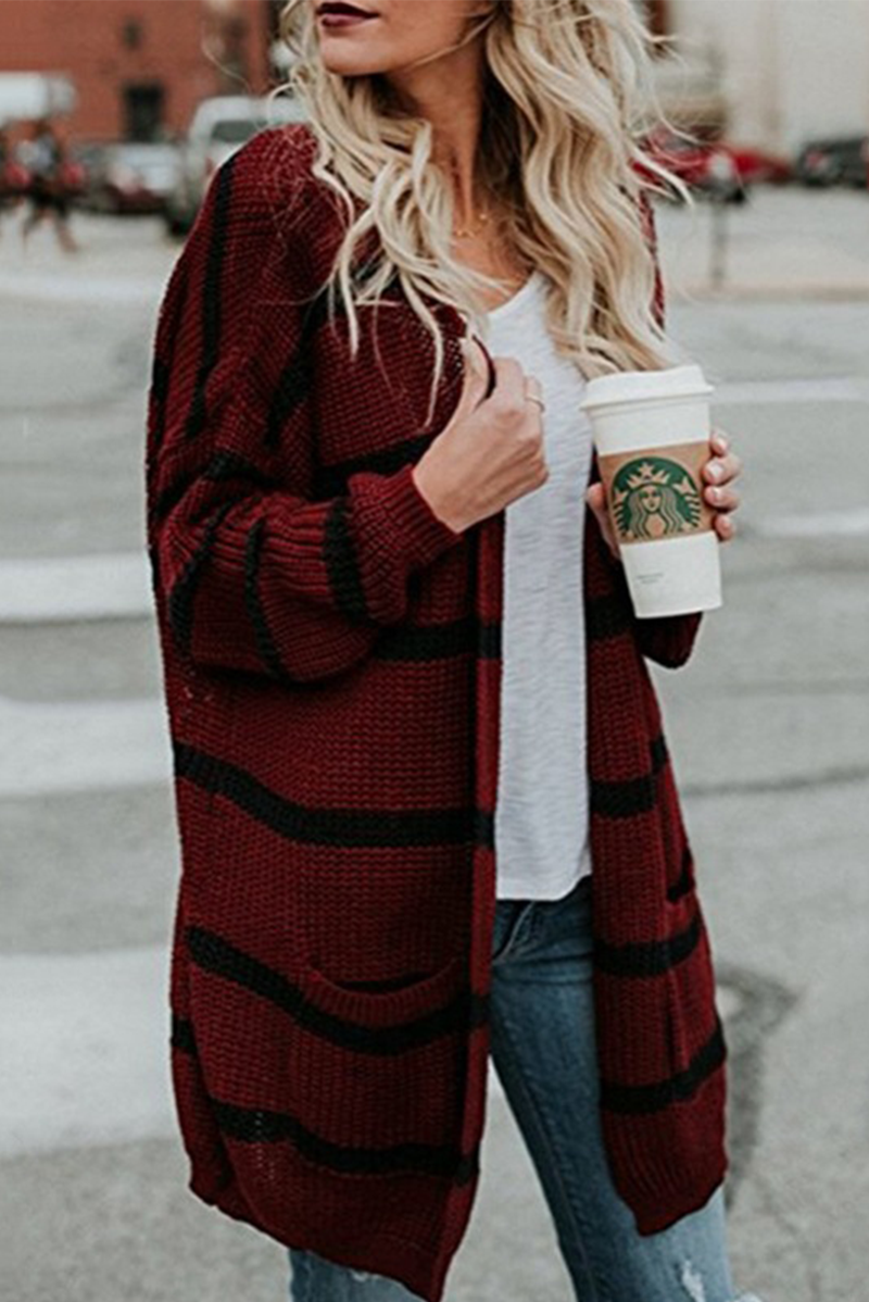 xakxx xakxx-Fashion Striped Patchwork Cardigan Collar Outerwear