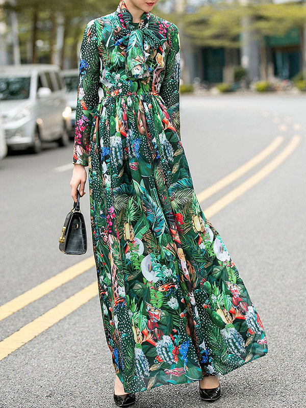 xakxx High Waisted Long Sleeves Bowknot Elasticity Flower Print Zipper Round-Neck Maxi Dresses