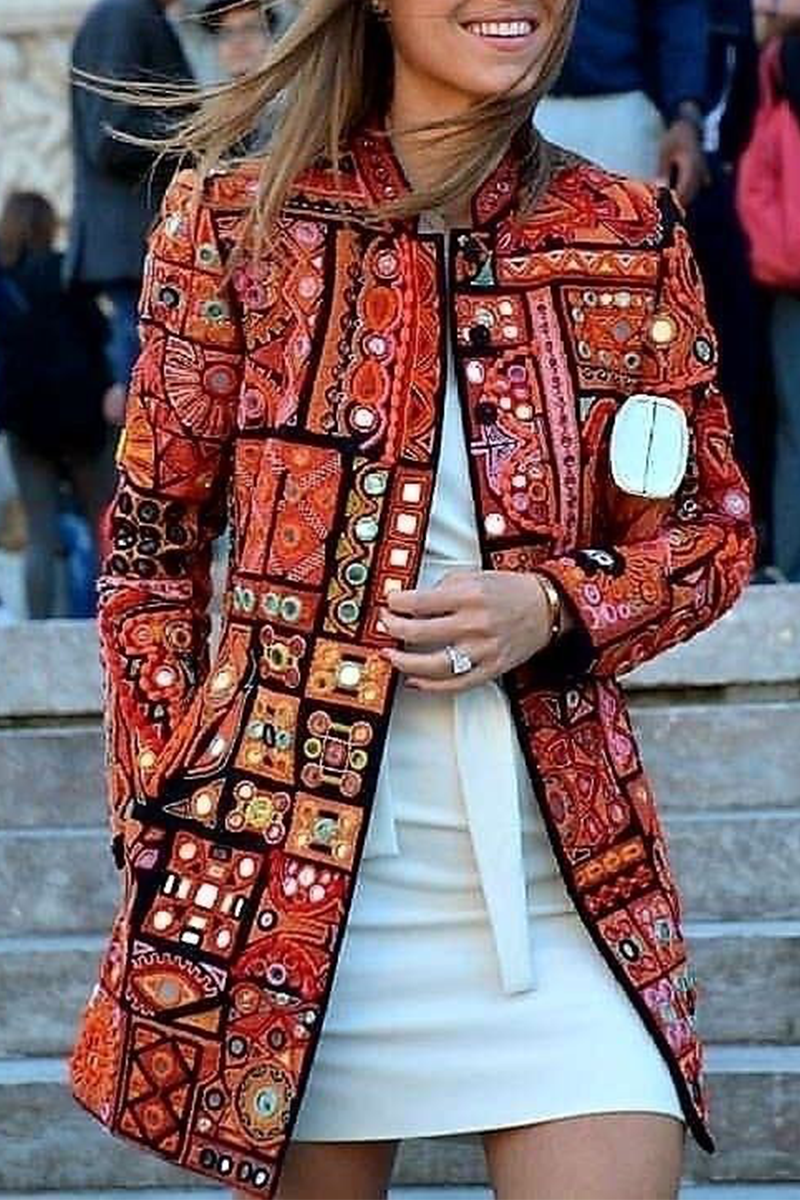 xakxx xakxx-Casual Print Split Joint Cardigan Collar Outerwear