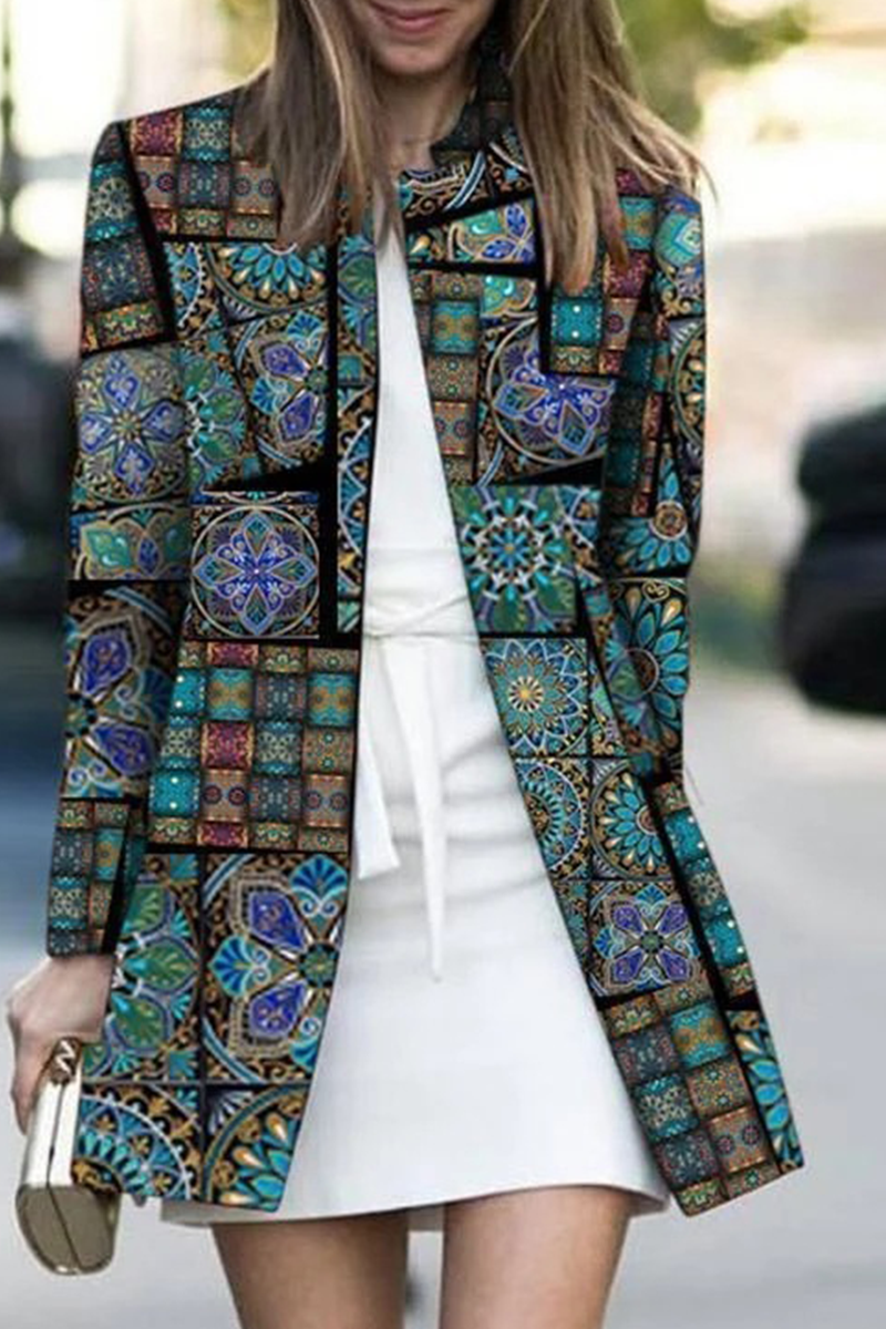 xakxx xakxx-Casual Print Split Joint Cardigan Collar Outerwear