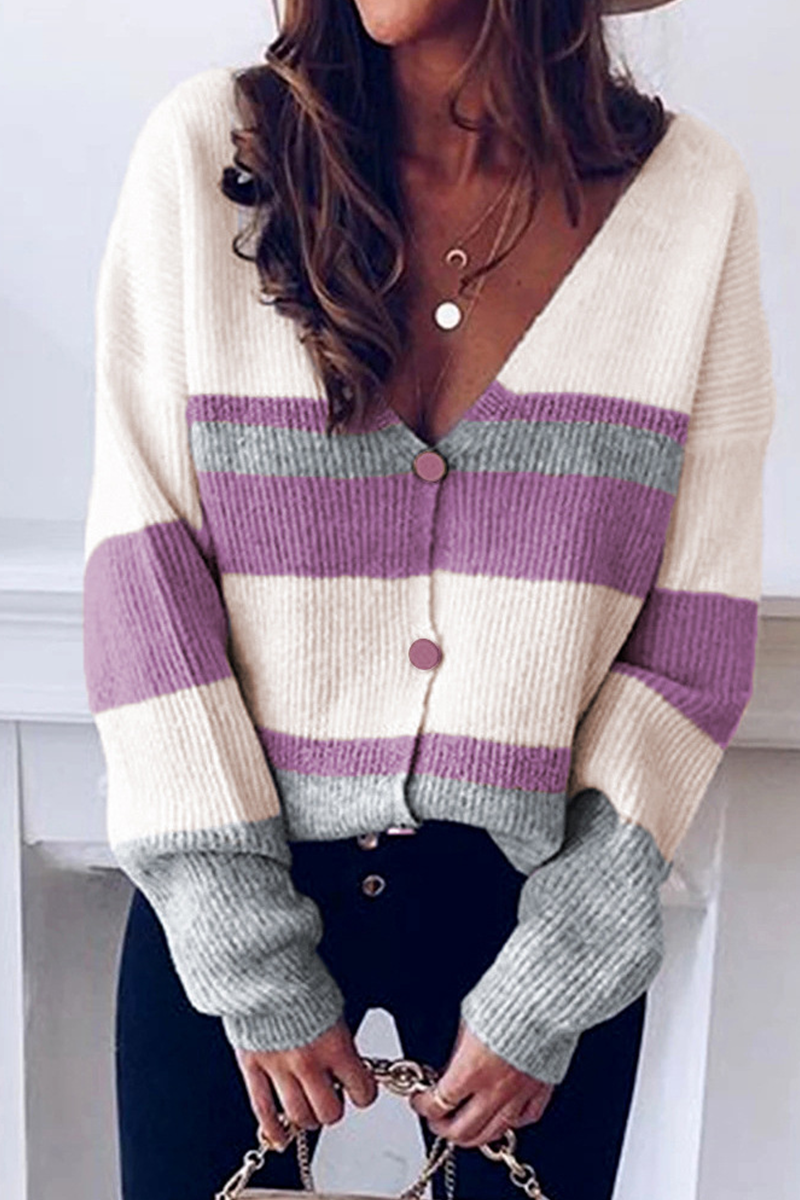 xakxx xakxx-Casual Striped Patchwork V Neck Tops(4 colors)
