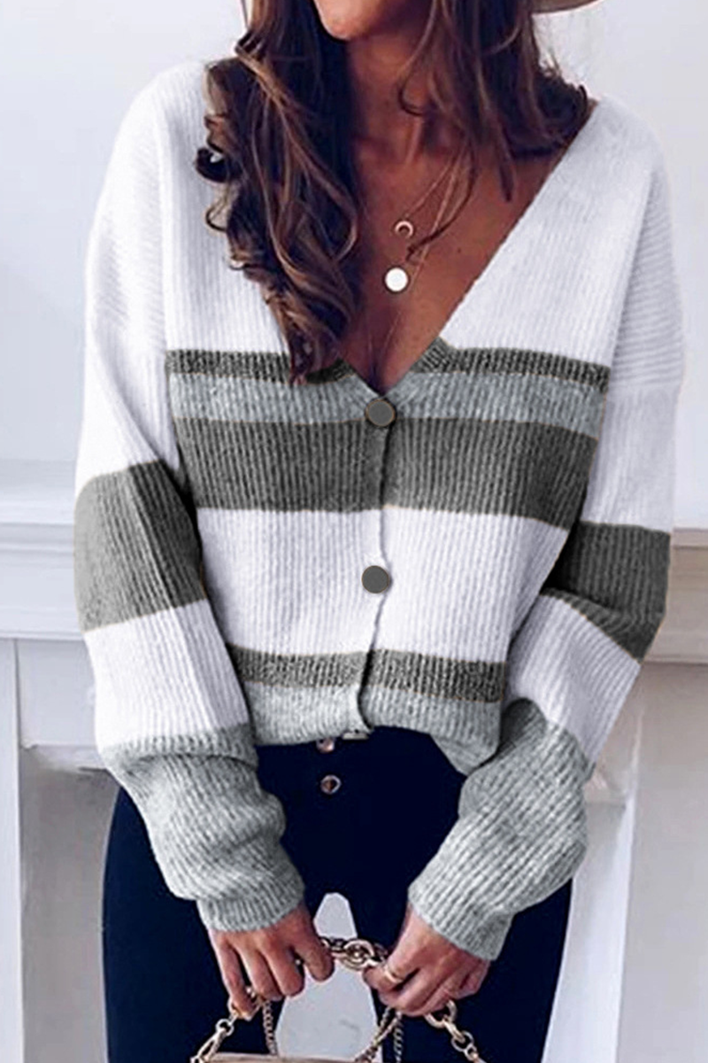 xakxx xakxx-Casual Striped Patchwork V Neck Tops(4 colors)