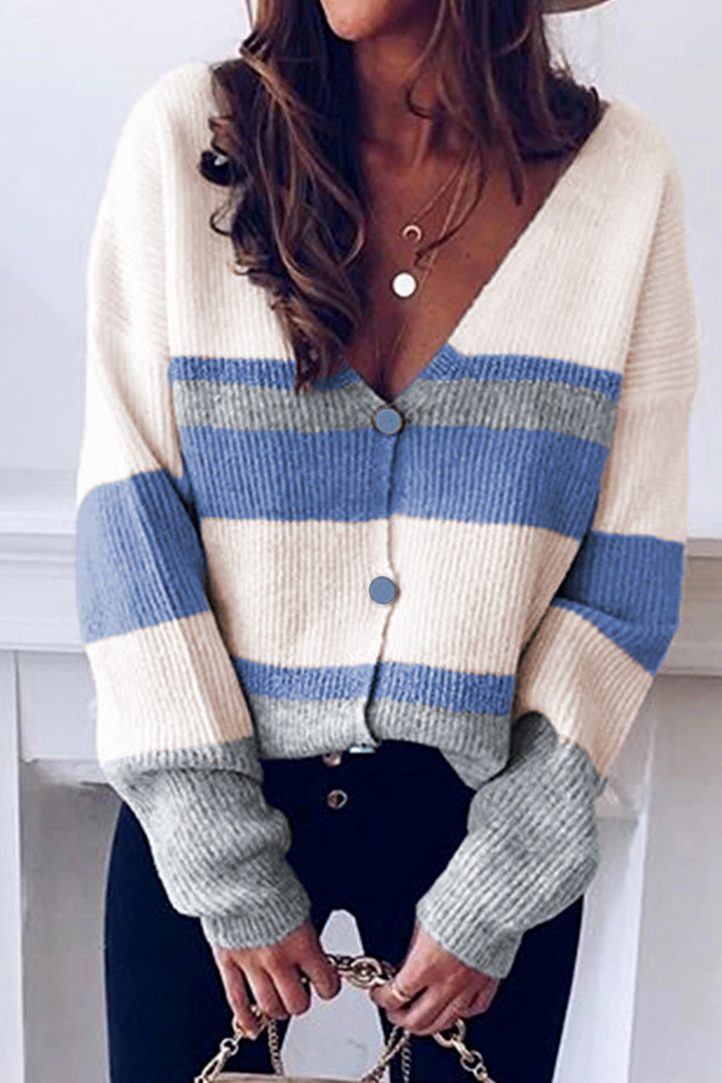 xakxx xakxx-Casual Striped Patchwork V Neck Tops(4 colors)