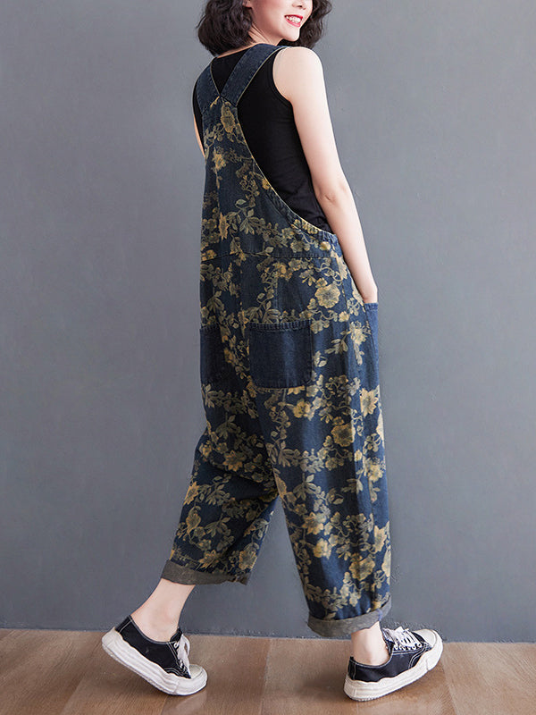 xakxx Oversize Floral Printed Denim Overalls