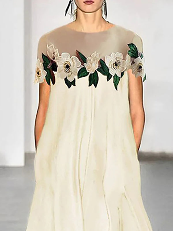 xakxx Loose Short Sleeves Flower-Embellished Split-Joint Round-Neck Maxi Dresses
