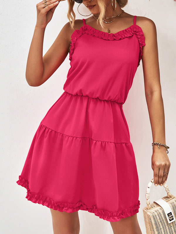 xakxx Loose Sleeveless Falbala Solid Color Spaghetti-Neck Mini Dresses