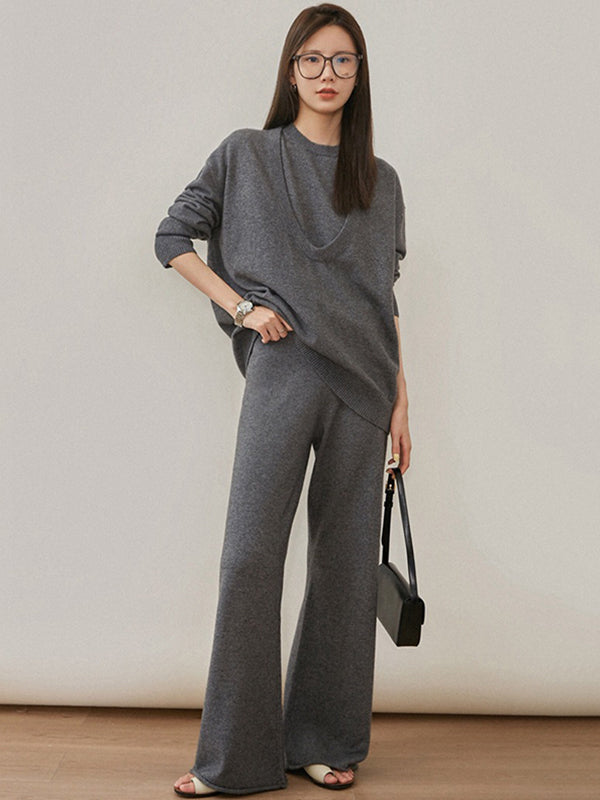 xakxx xakxx-Urban Loose Solid Round-Neck Vest Top& V-Neck Sweater Tops& Wide Leg Pants Three-Piece Set