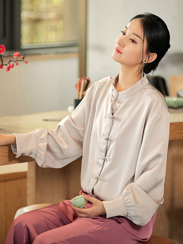 xakxx Vintage Long Sleeves Loose Buttoned Solid Color Stand Collar Blouse Top
