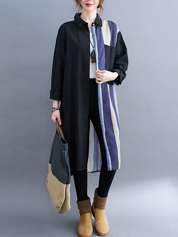 xakxx Original Buttoned Contrast Color Split-Joint Long Sleeves Lapel Blouse