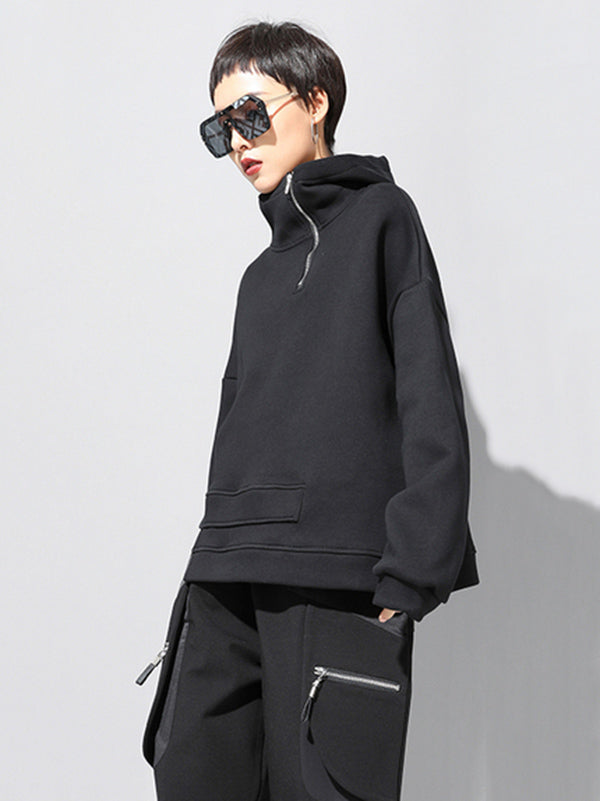 xakxx Stylish Black Asymmetric Zipper Hoodies