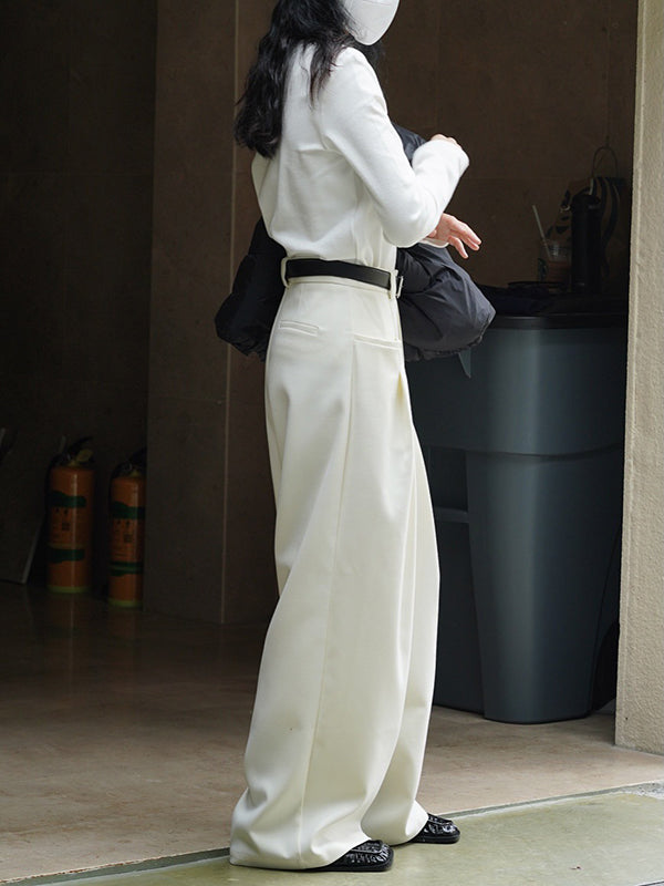 xakxx Loose Pleated Solid Color Wide Leg Pants Bottoms
