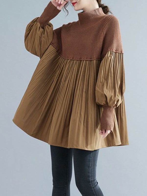 xakxx Long Sleeves Loose Pleated Split-Joint High Neck Sweater Tops