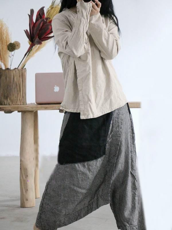 xakxx Vintage Plaid Split-joint Cropped Linen Pants