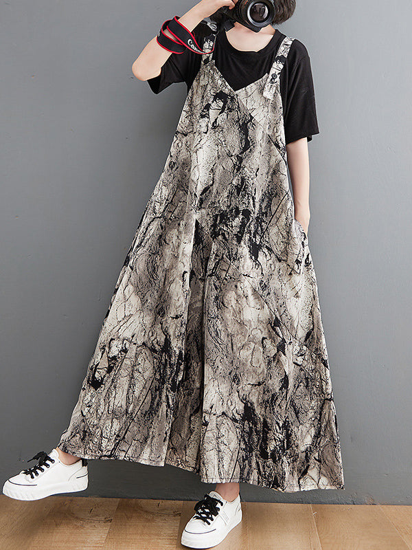 xakxx Vintage Printed Loose Wide Leg Overalls