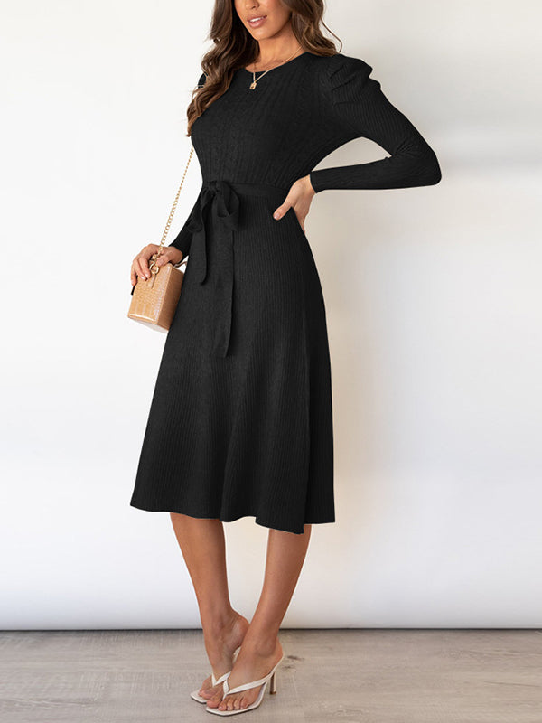 xakxx High Waisted Long Sleeves Solid Color Tied Waist Round-Neck Midi Dresses Sweater Dresses