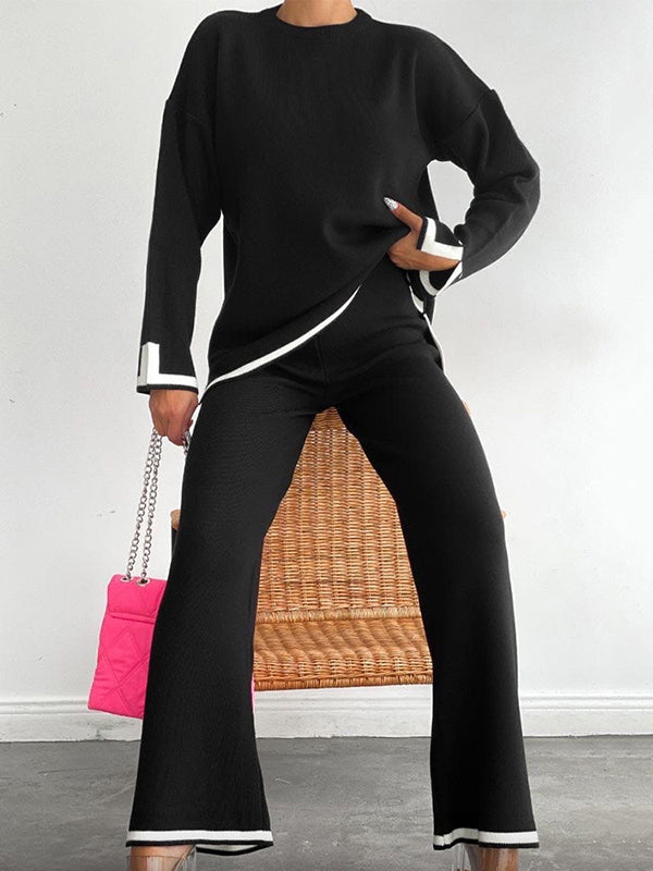 xakxx xakxx-Urban Loose Contrast Color Long Sleeves Round-Neck Sweater Tops & Pants Suits