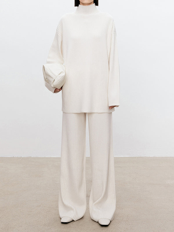 xakxx xakxx-Solid Color Long Sleeves High-Neck Sweater Top + Wide Leg Pants Bottom Two Pieces Set