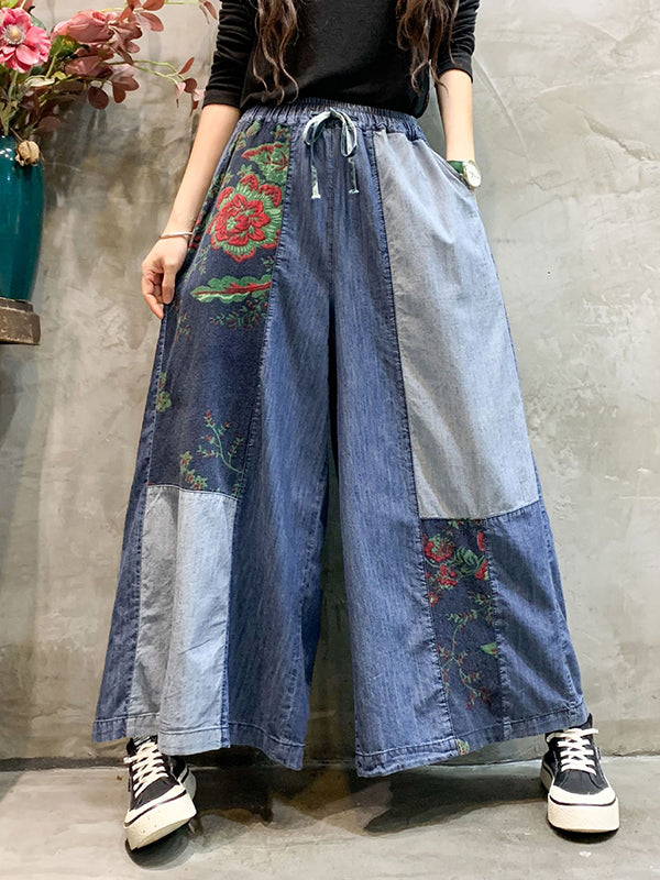 xakxx Casual Wide Leg Loose Color-Block Bandage Embroidered Jean Pants Bottoms