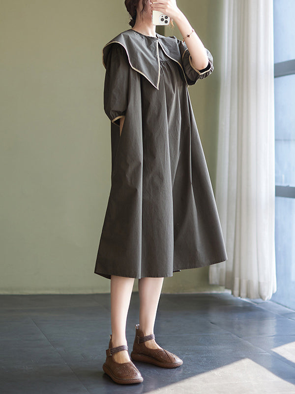 xakxx Loose Short Sleeves Pleated Split-Joint Peter Pan Collar Midi Dresses