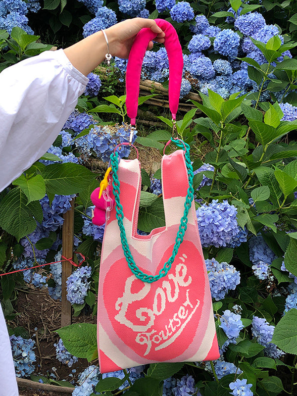 xakxx Chains Contrast Color Heart Print Woven Bags Handbags