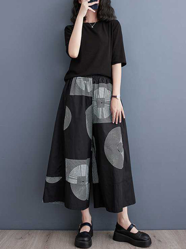 xakxx High Waisted Loose Elasticity Printed Cropped Trousers Pants